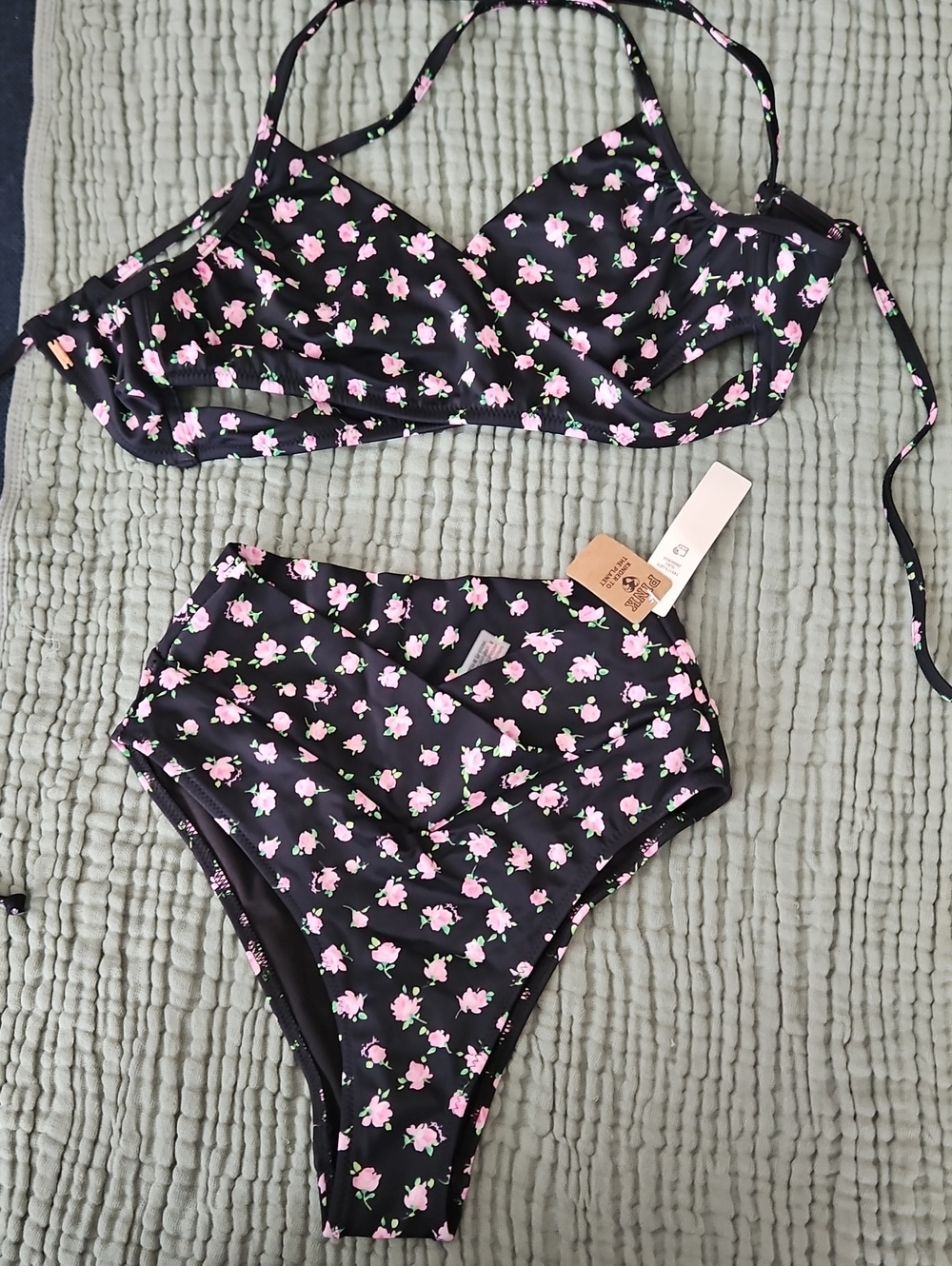 PINK Victoria's Secret Black Bikini with Pink Floral Print